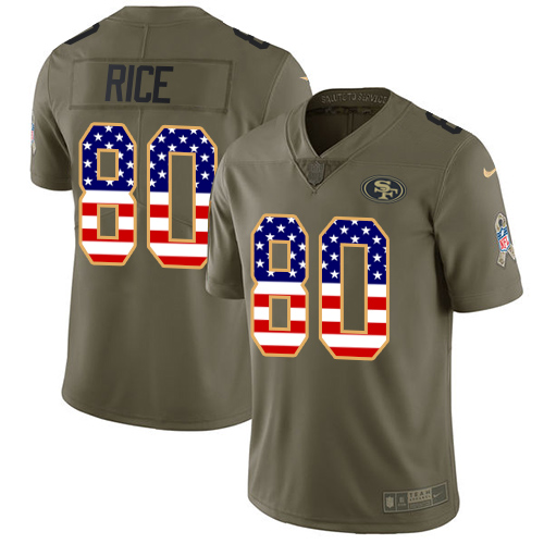 Nike 49ers #80 Jerry Rice Olive/USA Flag Men's Stitched NFL Limited Salute To Service Jersey - Click Image to Close